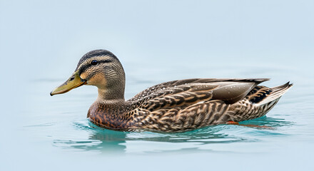 Obraz premium Female mallard duck swimming calmly on a light blue water surface in natural light; perfect stock image for nature and wildlife projects