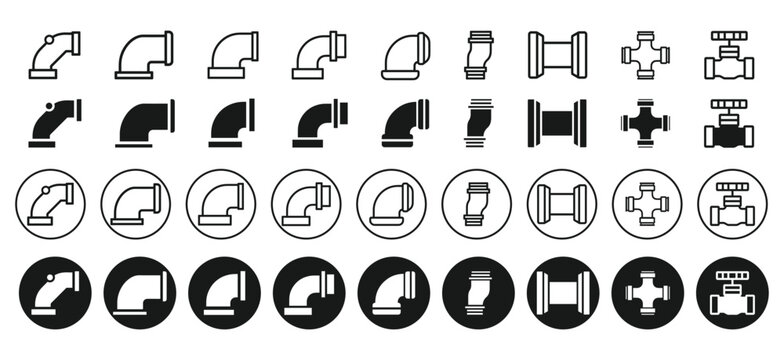 Water Pipe Connector Icons.Plumbing Pipe Fittings and Valve.Line and Solid Water Pipe Connector Vector Collection