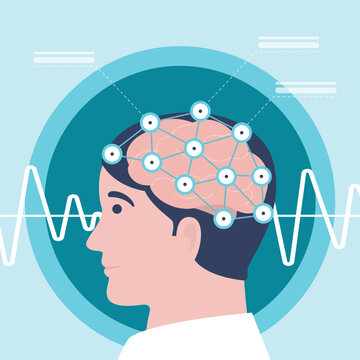 Electroencephalogram, scientific brain disease research.  Medical banner. Test human brain in patients head through sensors connected to lab EEG machine. electroencephalography.