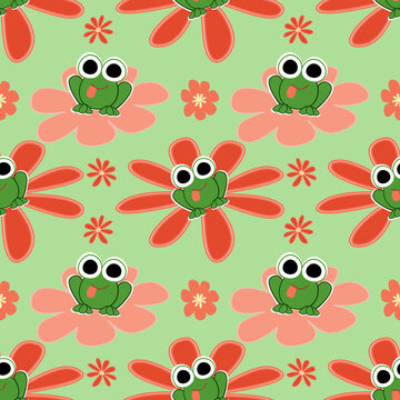 A cute hand drawn green frog  kawaii style paired with pink and red flowers on a light green seamless pattern background.