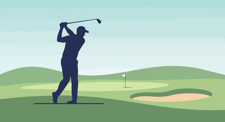 Golfer silhouette swinging on green golf course illustration