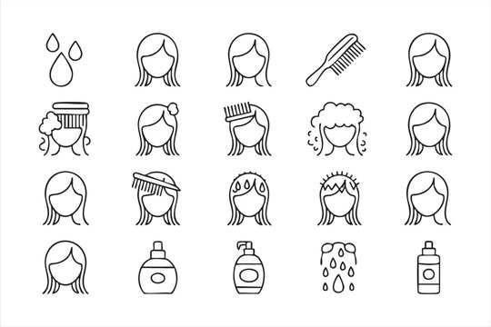 Minimalist hair care vector icon bundle with woman hairstyle washing shampoo and grooming symbols for beauty brands