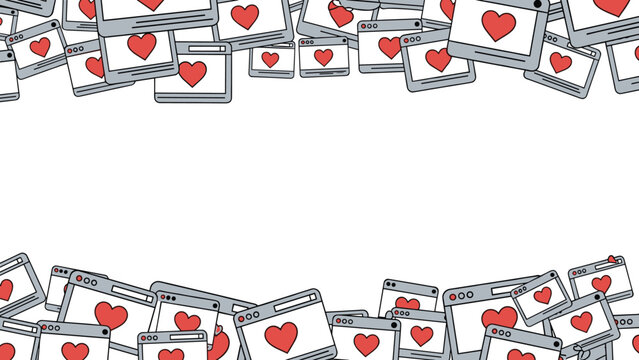 Border frame composed of multiple overlapping web browser windows with red heart icons representing social media likes and online love.