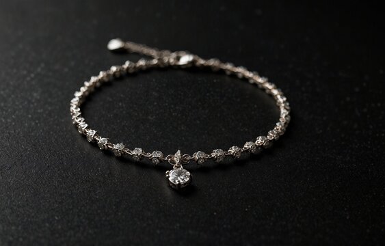 Diamond anklet bracelet with tiny shimmering charm accents on black background