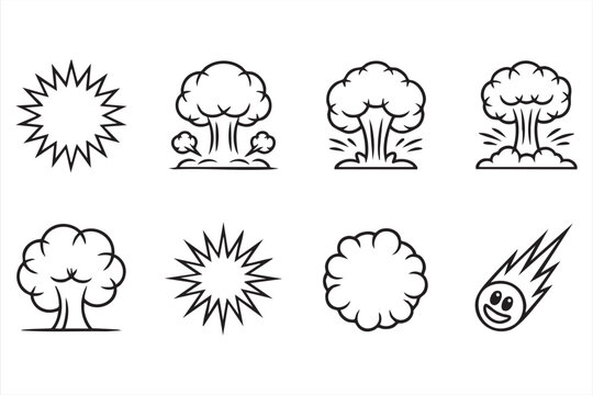 Minimal Explosion and Blast Line Icon Set Featuring Mushroom Cloud and Comic Bursts