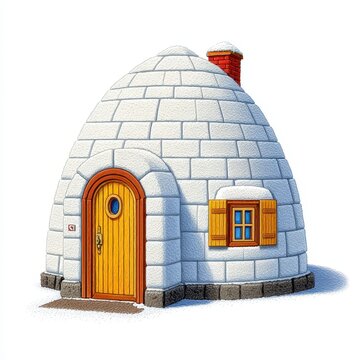 Pixel Art Snow Igloo with Wooden Door and Window on a White Background