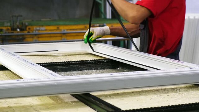 Factory worker assembling a window frame