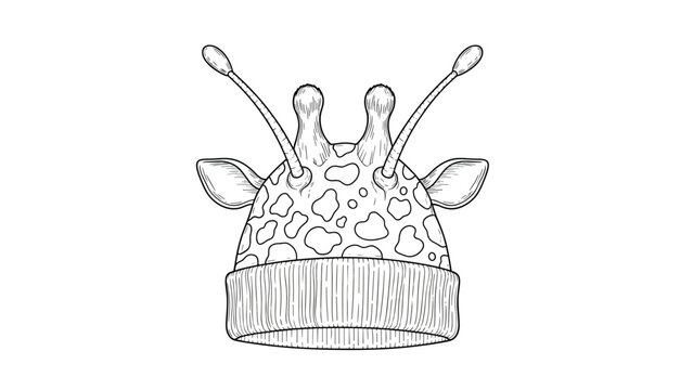 Whimsical line art drawing of a beanie hat designed like a giraffe head with ears, horns, and ossicones, perfect for kids fashion.