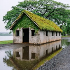 Fototapeta premium Quaint Cabin Coated in Vines Beside Water Puddle After Rainfall With Pebbles
