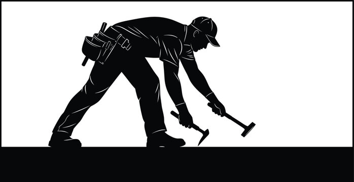 Black silhouette of professional roofer contractor using tools to repair or install material on a roof isolated on white background,