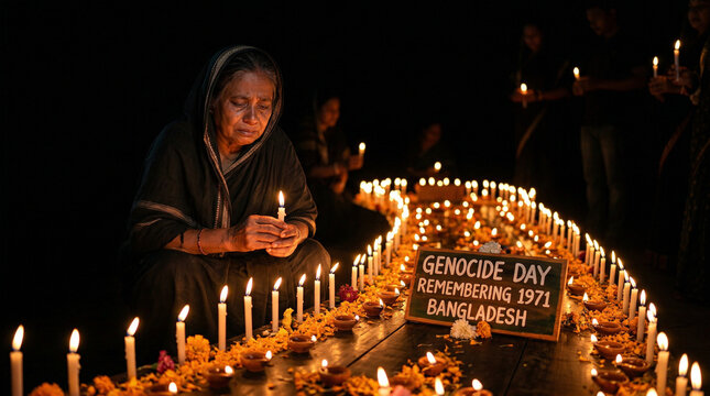 Woman holding candle on Genocide Day remembering 1971 in Bangladesh