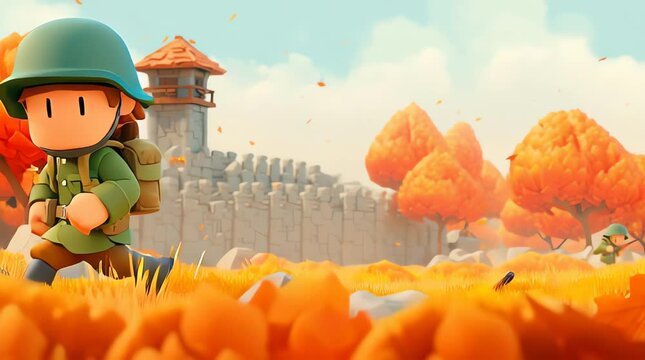 cartoon style war game scene, clean colorful graphics, stylized soldiers running through an autumn battlefield, cute simplified characters wearing green helmets and uniforms
