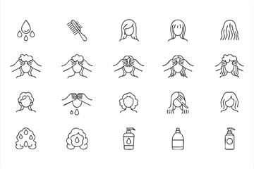 Fototapeta premium Modern hair care outline icon collection featuring woman hair washing shampoo bottle comb and foam symbols