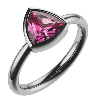 Trillion Cut Pink Gemstone Ring Closeup silver ring