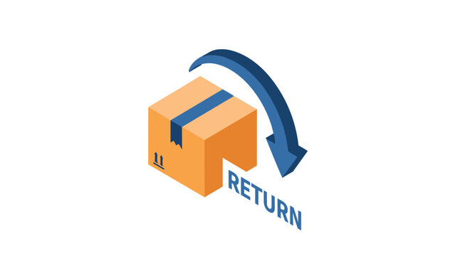 Isometric illustration of a cardboard shipping box with a blue return arrow pointing back represents e-commerce returns and logistics services.