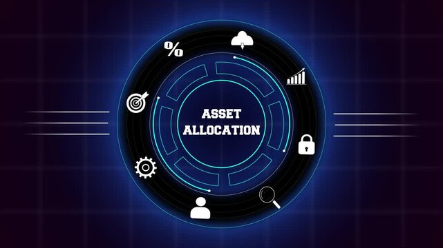 Strategic asset allocation and professional corporate investment models, displayed on a glowing blue digital circular interface with asset icons.