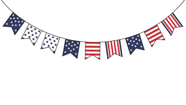 String of flag bunting featuring alternating american flag patterns of stars and stripes hanging in a curved line.