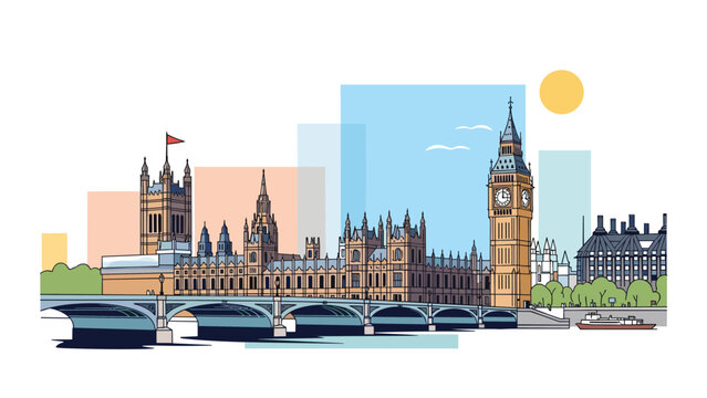 Artistic illustration of the london skyline featuring the palace of westminster and big ben with abstract sky elements.