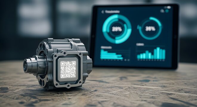 Industrial machine part with digital QR code for asset tracking and circular economy lifecycle management