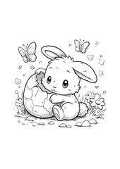 Kawaii bunny coloring page for kids. Adorable baby rabbit hatching from an Easter egg in a spring meadow with butterflies. Whimsical black and white line art.