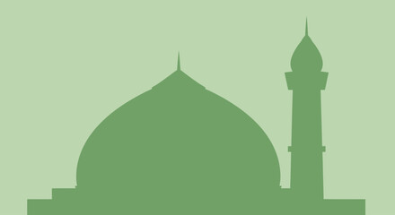 Minimalist mosque silhouette with dome and minaret on green background