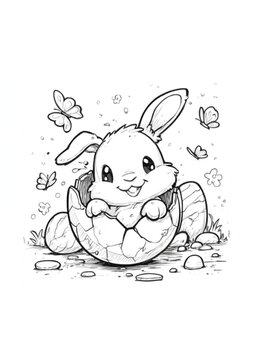Kawaii Easter Coloring Page for Kids: Adorable Baby Bunny Hatching from a Cracked Egg. Printable Black and White Line Art Activity Sheet for Spring Holiday.