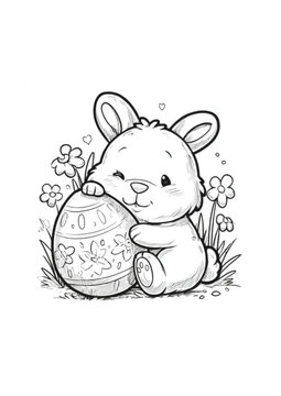 Kawaii Easter Bunny Coloring Page for Kids. Adorable Baby Rabbit Hugging a Decorated Egg, Printable Spring Holiday Activity Sheet. Hand-drawn line art.