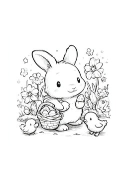 Cute Easter bunny coloring page for kids. Hand-drawn kawaii rabbit with a basket of eggs, baby chicks, and spring flowers for a holiday activity sheet or printable craft.