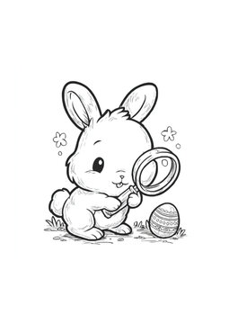 Cute Easter bunny coloring page of a rabbit detective with a magnifying glass on an egg hunt. Children's holiday activity sheet, black and white line art illustration.