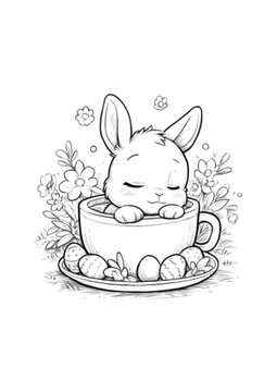 Kawaii Easter bunny coloring page for kids. Adorable sleepy rabbit in a teacup with eggs and flowers. Black and white line art illustration for spring holiday activity.