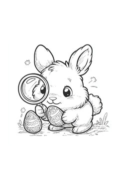 Cute Easter Bunny Coloring Page, a Rabbit Detective with a Magnifying Glass on an Egg Hunt. Whimsical black and white line art for kids' holiday activities.