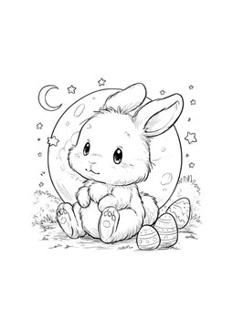 Magical Easter night coloring page of a cute baby bunny with decorated eggs. Whimsical hand-drawn sketch of a rabbit sitting in front of the moon and stars.