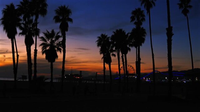 Santa Monica Pier amusement park framed by palm trees at sunset