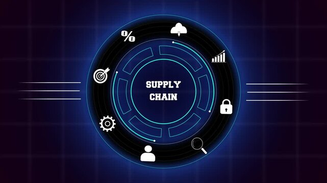 Strategic supply chain management and professional corporate logistics models, displayed on a glowing blue digital circular interface with network icons.