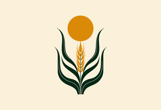 Minimalistic Botanical Illustration Featuring Stylized Wheat Stalk with Radiant Sun Against Soft Beige Background for Modern Design Aesthetics