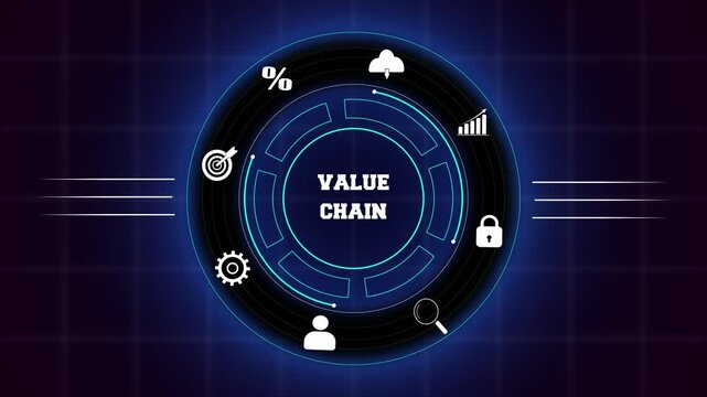 Strategic value chain analysis and professional corporate efficiency models, featuring a blue digital interface with logistics and process icons.