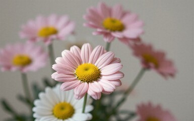 Fototapeta premium Pink and white daisies bloom softly creating a gentle cheerful garden