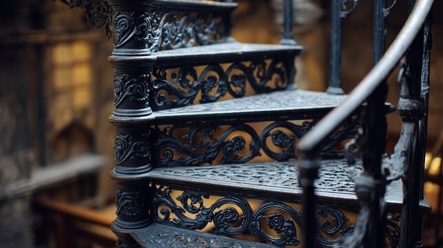 telex. Close-up of an ornate wrought-iron spiral staircase in an old library, leading upwards with soft light. real-estate listings.