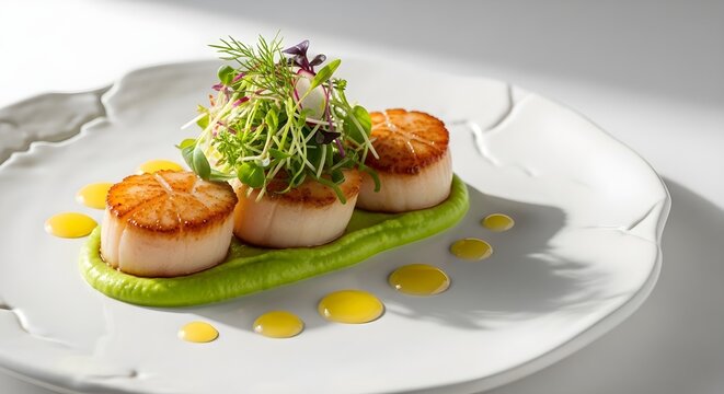 Elegant plating of seared scallops on a bed of green pea mash and microgreens, gourmet restaurant style.