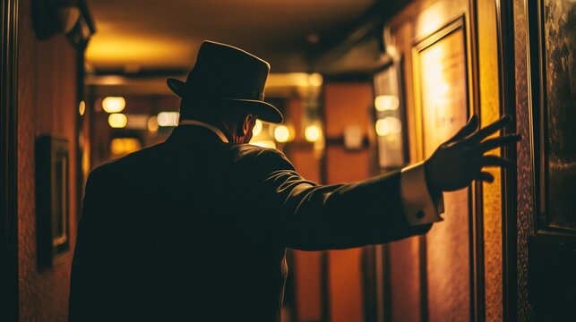 doorman. Club entrance with doorman gesturing refusal, night atmosphere, architectural details, social commentary. real-estate listings.