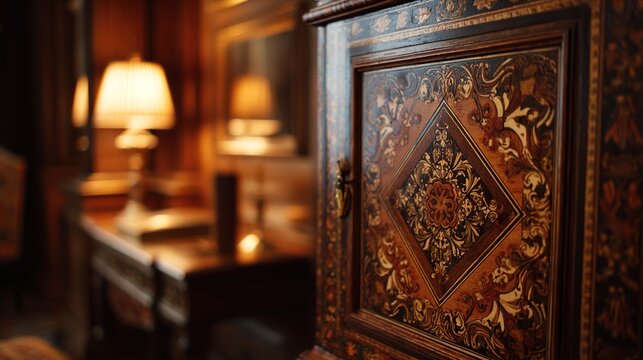 marquetry. Renaissance study cabinet door with elaborate wood marquetry patterns. real-estate listings, architecture portfolios, designed for real-estate listing and luxury residence showcases.