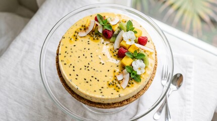 Vibrant tropical passion fruit cheesecake presented beautifully on a glass cake stand for dessert