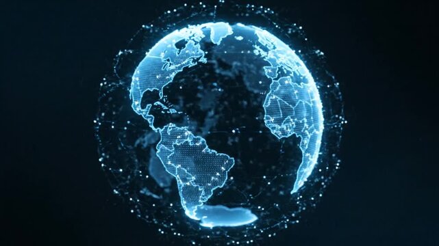 Dynamic digital Earth globe displaying interconnected global network, data transfer, and advanced technological innovation, symbolizing worldwide communication and futuristic information systems