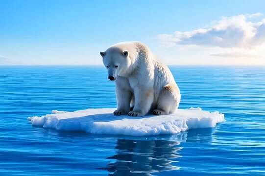 Lonely polar bear sitting on melting ice floe in the ocean.