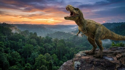Obraz premium Tyrannosaurus rex roaring on cliff overlooking jungle sunset