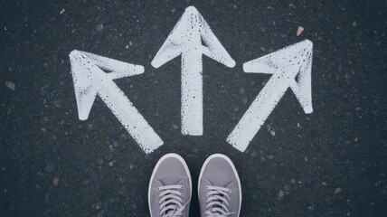 Fototapeta premium Navigating Choices: A person standing before three arrows, representing decisions and pathways, symbolizes choice, direction, and the journey ahead.