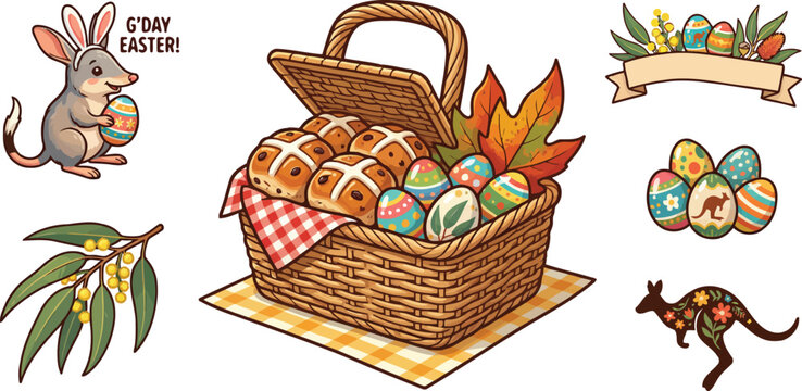 Set of Australian Easter sticker pack vector icons featuring a cute bilby, hot cross buns, kangaroo, and native wattle flora