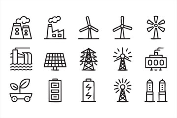 Green energy outline icon collection with wind turbine solar panel battery and electricity grid © MD.sahadat