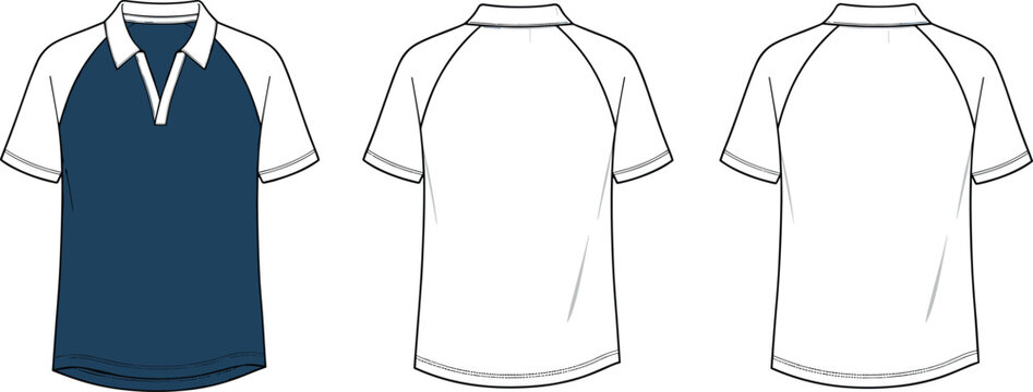 Blank men raglan sleeve polo shirt technical fashion vector illustration featuring front and back view templates for apparel design techpack