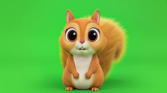 Adorable cartoon squirrel with big eyes standing on a bright green background, a cheerful and friendly illustrated character.